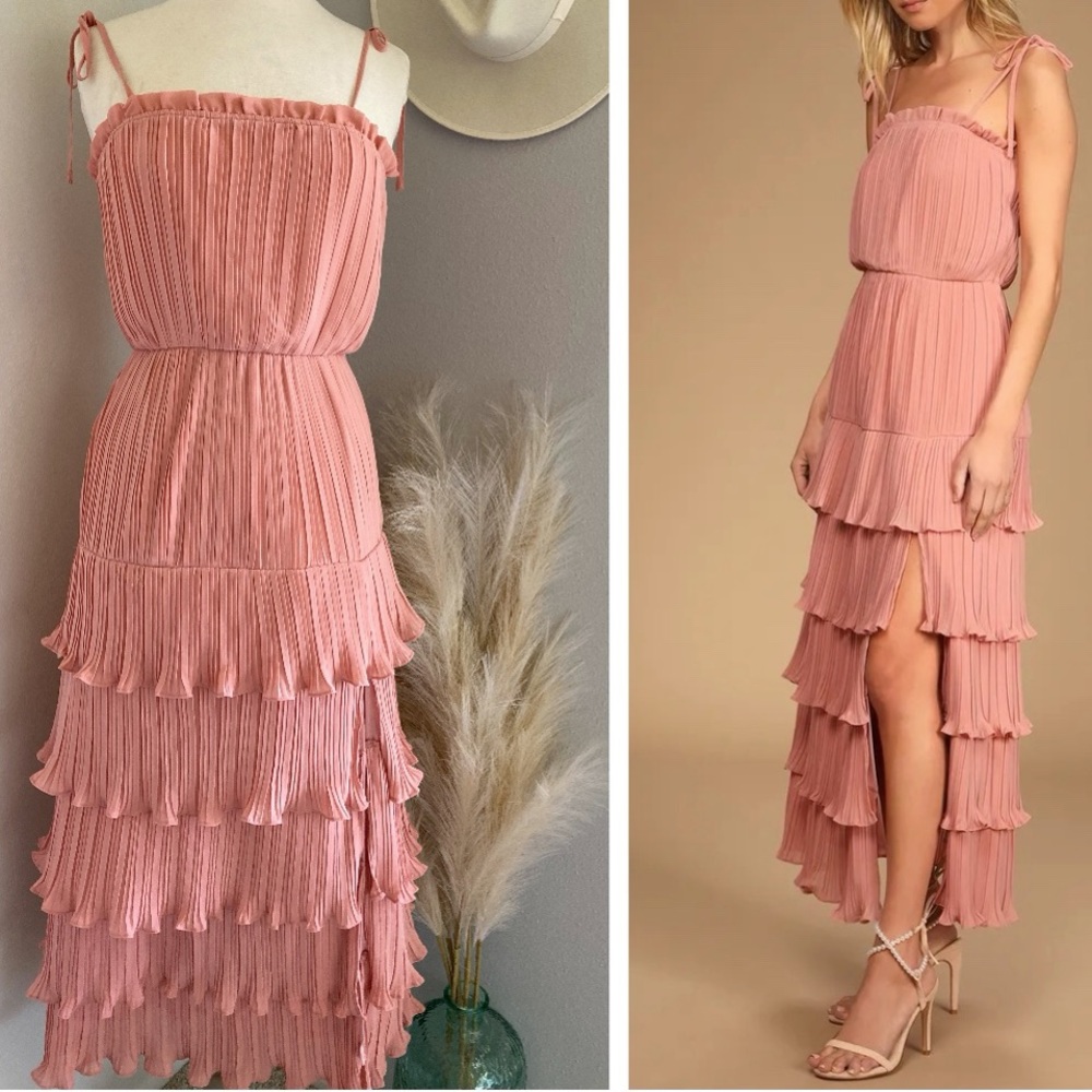 Lulus Playing Cupid Pink Pleated Tiered Ruffled Tie-Strap Maxi Dress